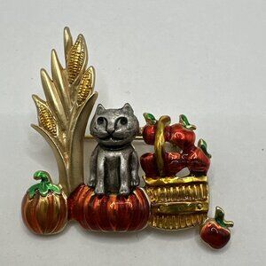 Fall Autumn Halloween Enamel Pumpkins Apples Kitty Cat Brooch Pin 1.5”